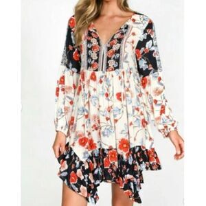 Patrons of Peace Boho Floral Mini Dress S Cream Black Ruffle Peasant Festival